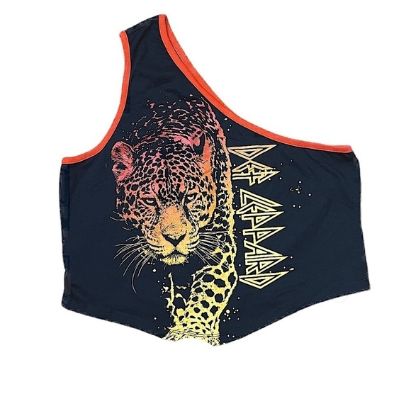 Tops - Def Leppard One-Shoulder Tank Top Shirt Womens plus size shirt black orange